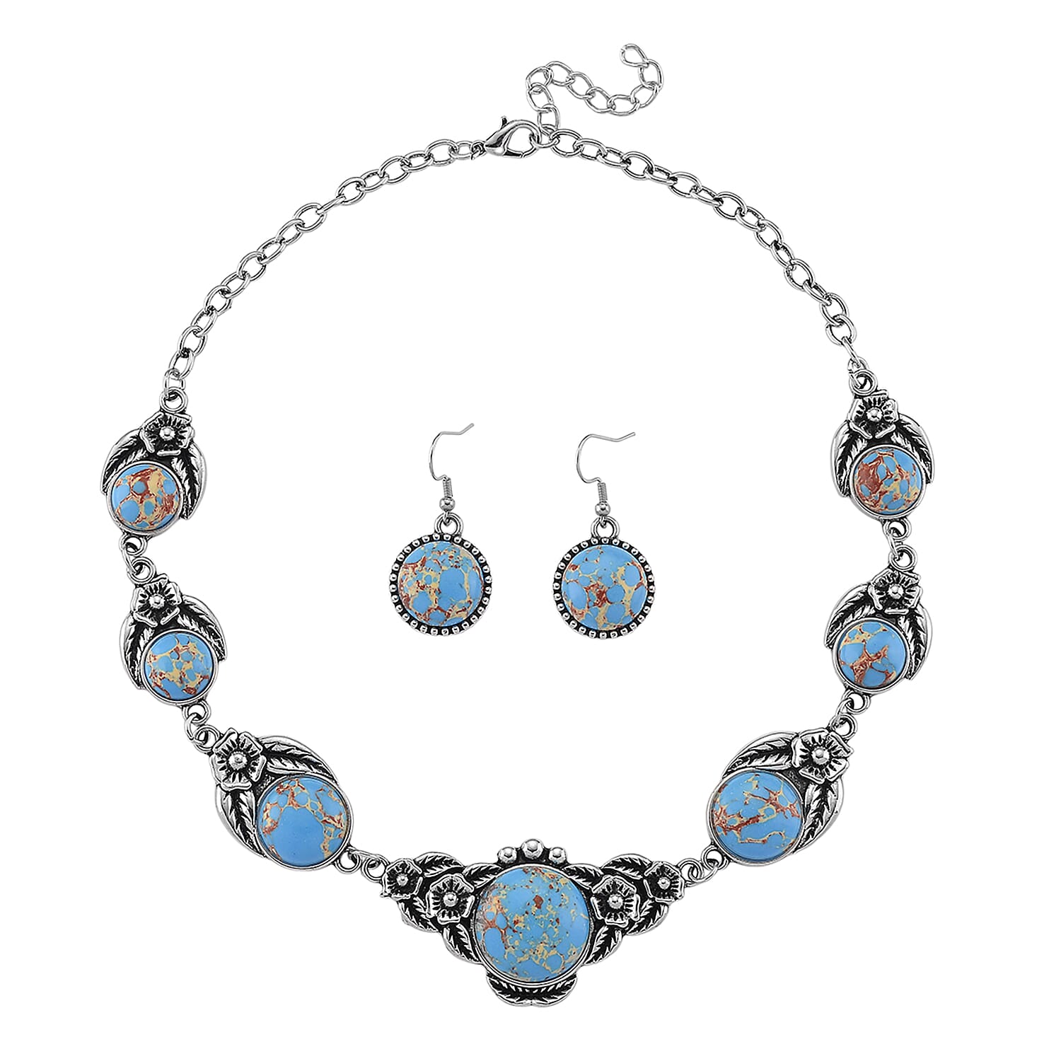 Imperial Jasper Necklace (17-20 Inches) and Earrings in Silvertone 160.00 ctw