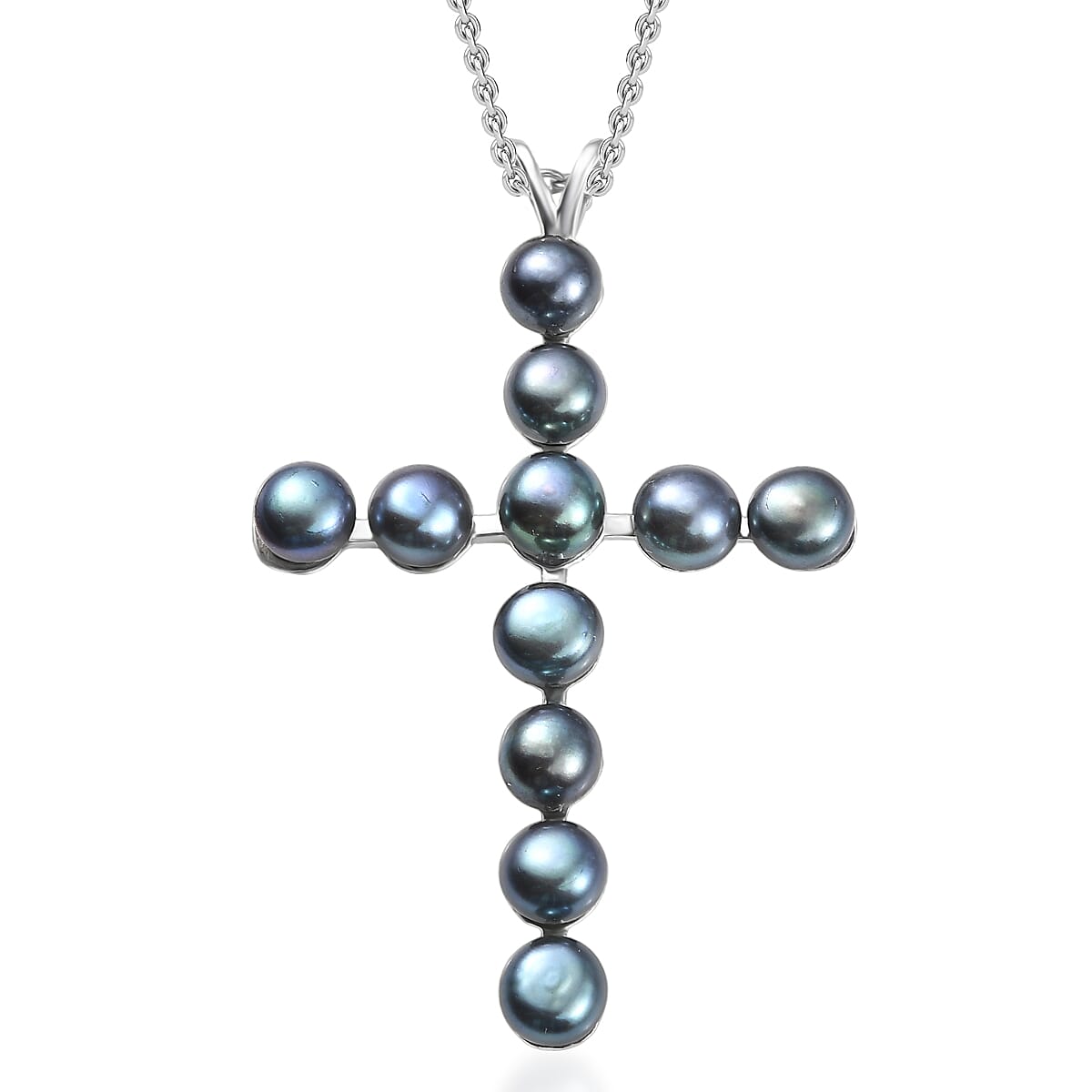 D'Joy Peacock Freshwater Pearl line of Faith Cross Pendant in Sterling Silver with Stainless Steel Necklace 20 Inches