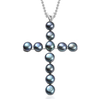 D'Joy Peacock Freshwater Pearl line of Faith Cross Pendant in Sterling Silver with Stainless Steel Necklace 20 Inches
