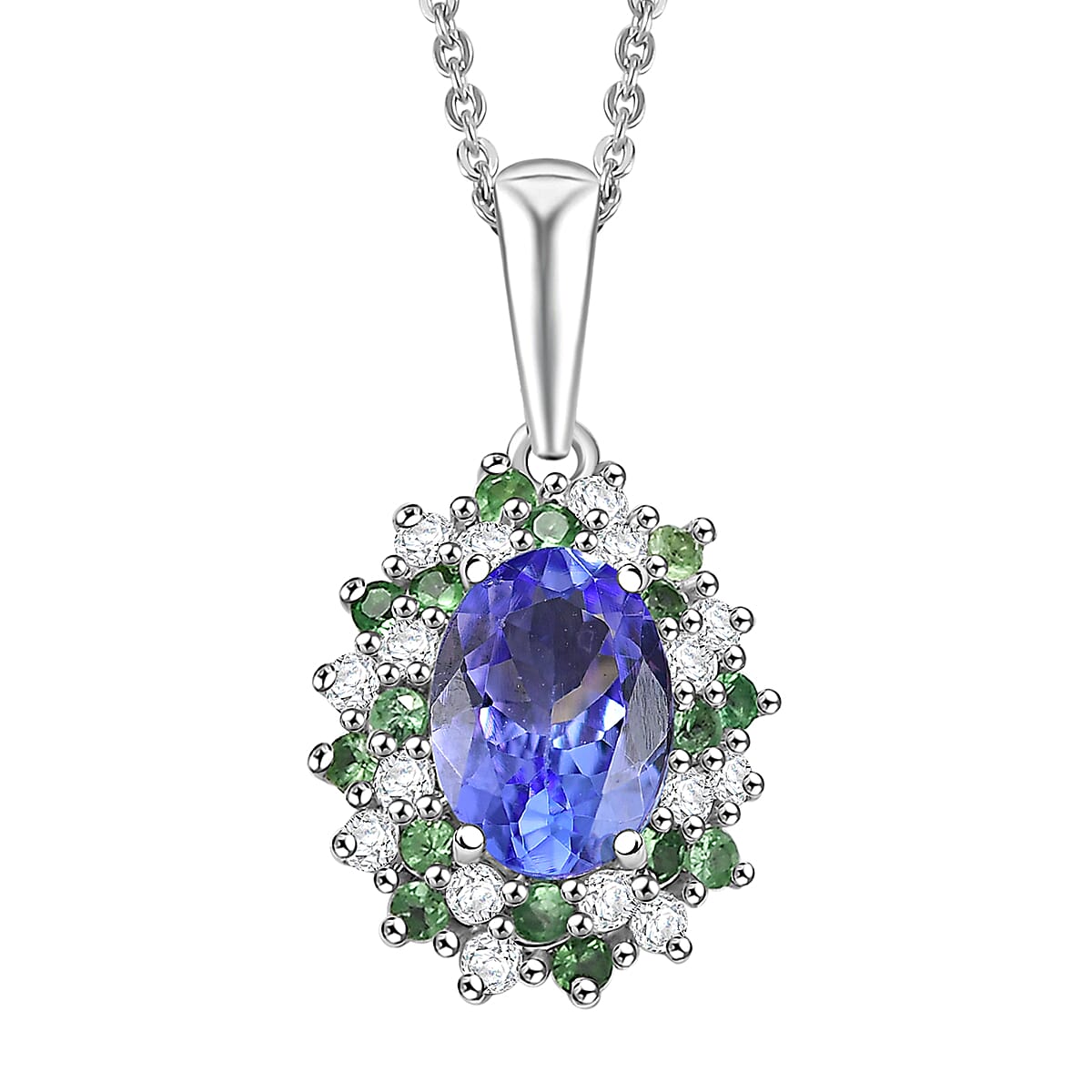 D'Joy Tanzanite and Multi Gemstone 1.10 ctw Blooming Flower Pendant Necklace 20 Inches in Rhodium Over Sterling Silver