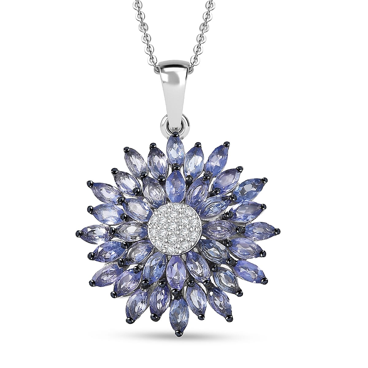 D'Joy Tanzanite and Moissanite 3.15 ctw Blue Dahlia Flower Pendant Necklace in Rhodium Over Sterling Silver 20 Inches