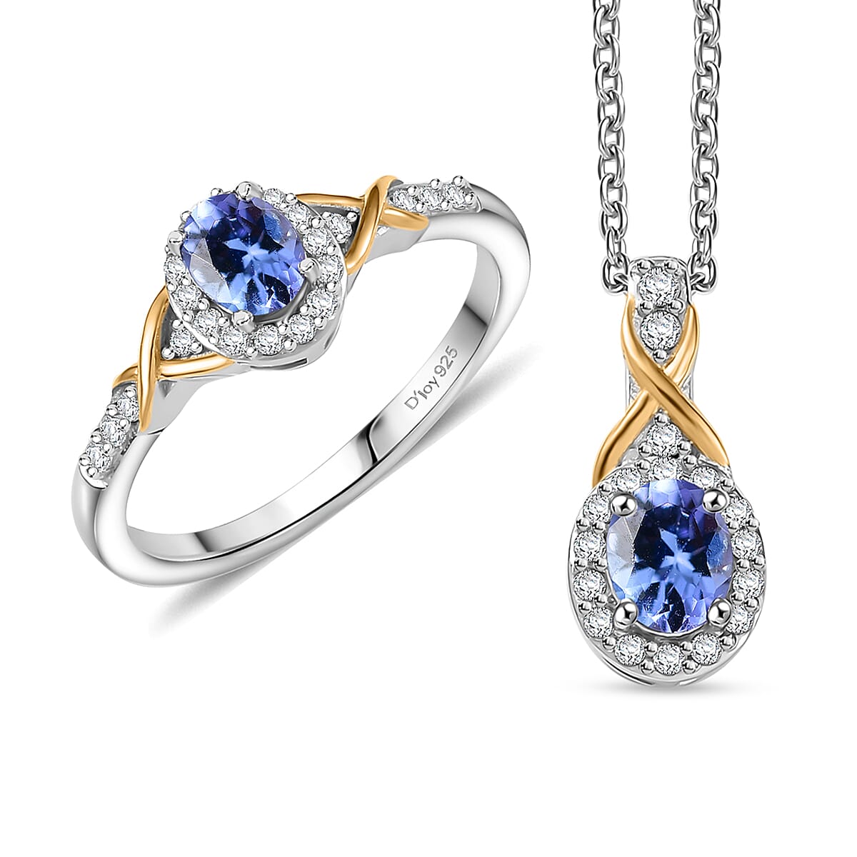 D'Joy Tanzanite, White Zircon Ring (Size 5) and Pendant Necklace (20 Inches) in 18K Vermeil YG and Rhodium Over Sterling Silver 1.20 ctw