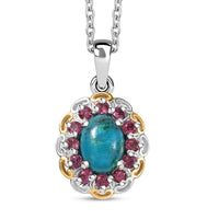 D'Joy Chrysocolla and Orissa Rose Garnet 2.10 ctw Pendant Necklace in 14K YG and Platinum Over Sterling Silver 20 Inches