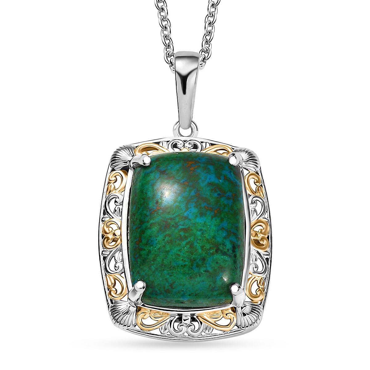 EverTrue Chrysocolla 16.75 ctw Sea Shell Pendant in 18K YG Platd and Platinum Bond with Stainless Steel Necklace 20 Inches