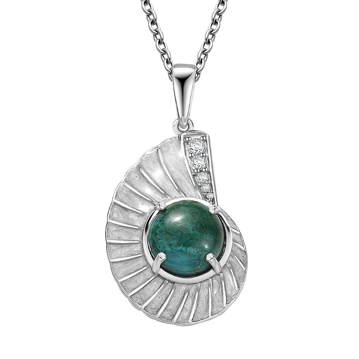 D'Joy Chrysocolla and White Zircon 3.60 ctw Sea Shell Pendant in Platinum Over Sterling Silver with Stainless Steel Necklace 20 Inches