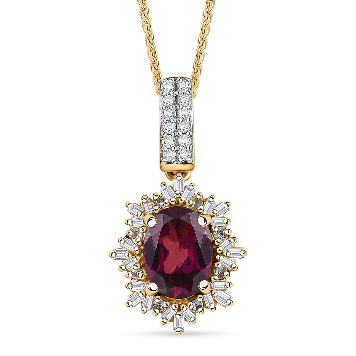 D'Joy Premium Radiant Ember Garnet, Paraiba Tourmaline and Diamond 2.00 ctw Sunray Pendant Necklace in 18K Vermeil Yellow Gold Over Sterling Silver 20 Inches