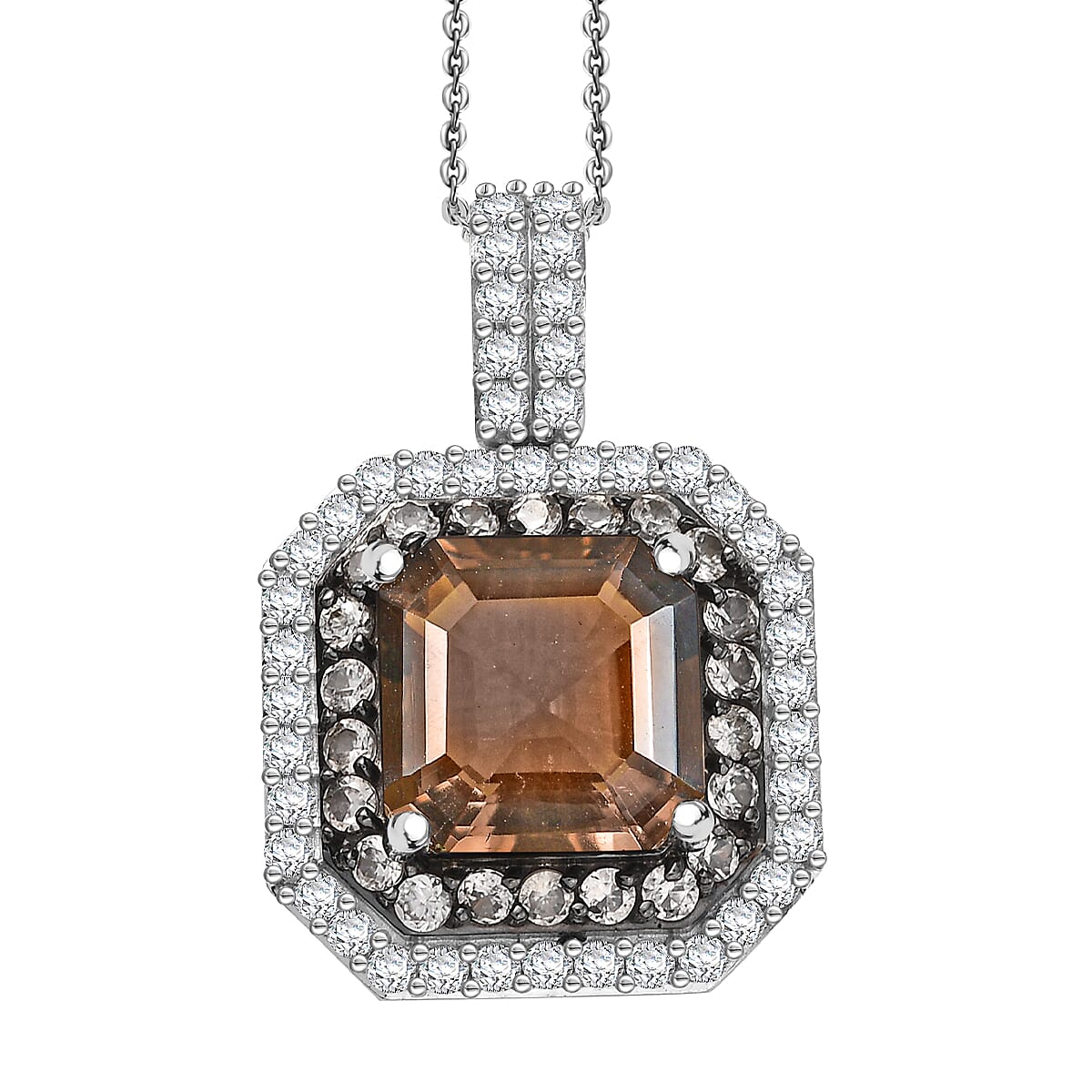 D'Joy Asscher Cut Columbianite and Multi Gemstone 5.70 ctw Art Deco Pendant Necklace 20 Inches in Rhodium Over Sterling Silver