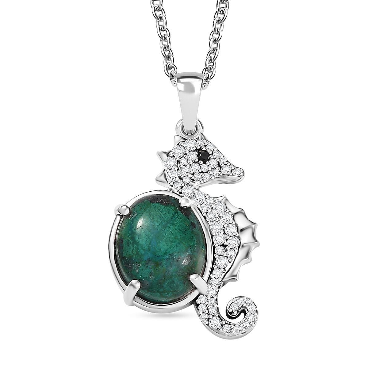 EverTrue Chrysocolla and White Zircon 4.85 ctw Sea of Serenity Seahorse Pendant in Platinum Bond with Stainless Steel Necklace 20 Inches