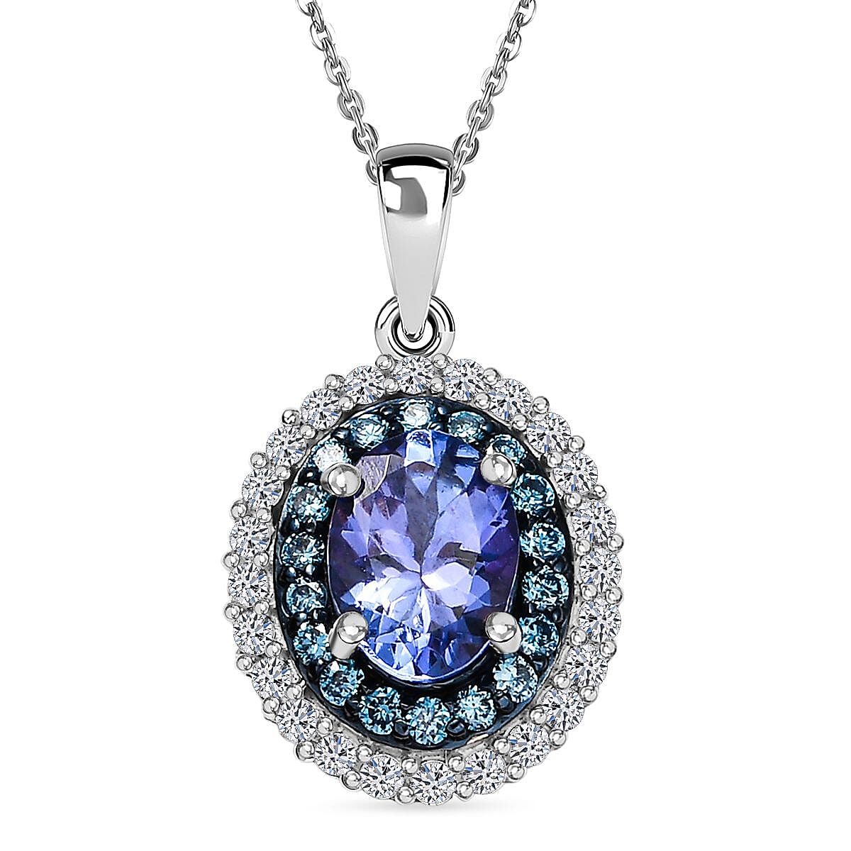 D'Joy Premium Tanzanite, Luxuriant Lab Grown Blue and White Diamond Twilight Reverie Pendant Necklace (20 Inches) in Rhodium Over Sterling Silver 1.45 ctw