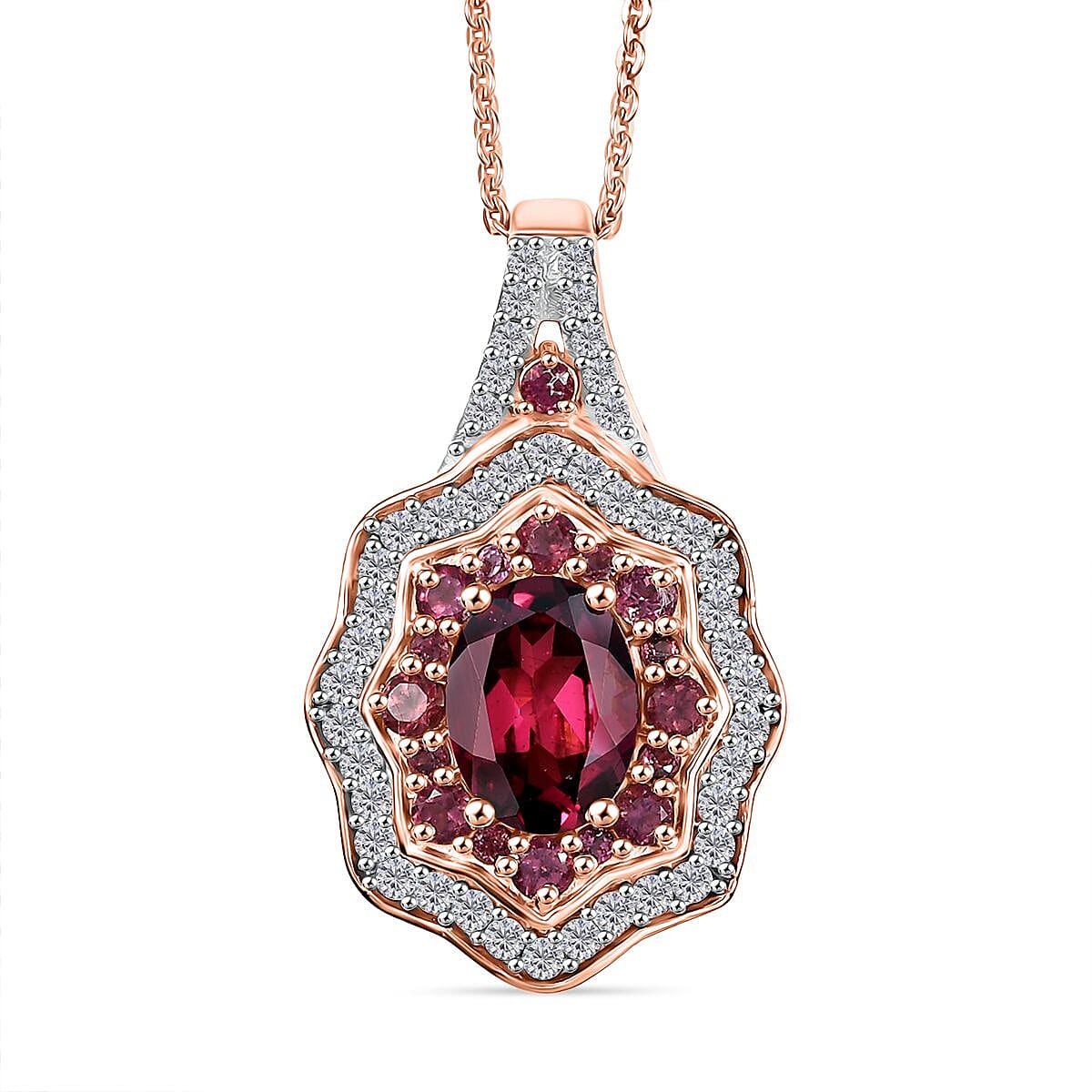 D'Joy Tanzanian Wine Garnet and White Zircon 2.70 ctw Scarlet Aura Pendant Necklace in 18K Vermeil Rose Gold Over Sterling Silver 20 Inches
