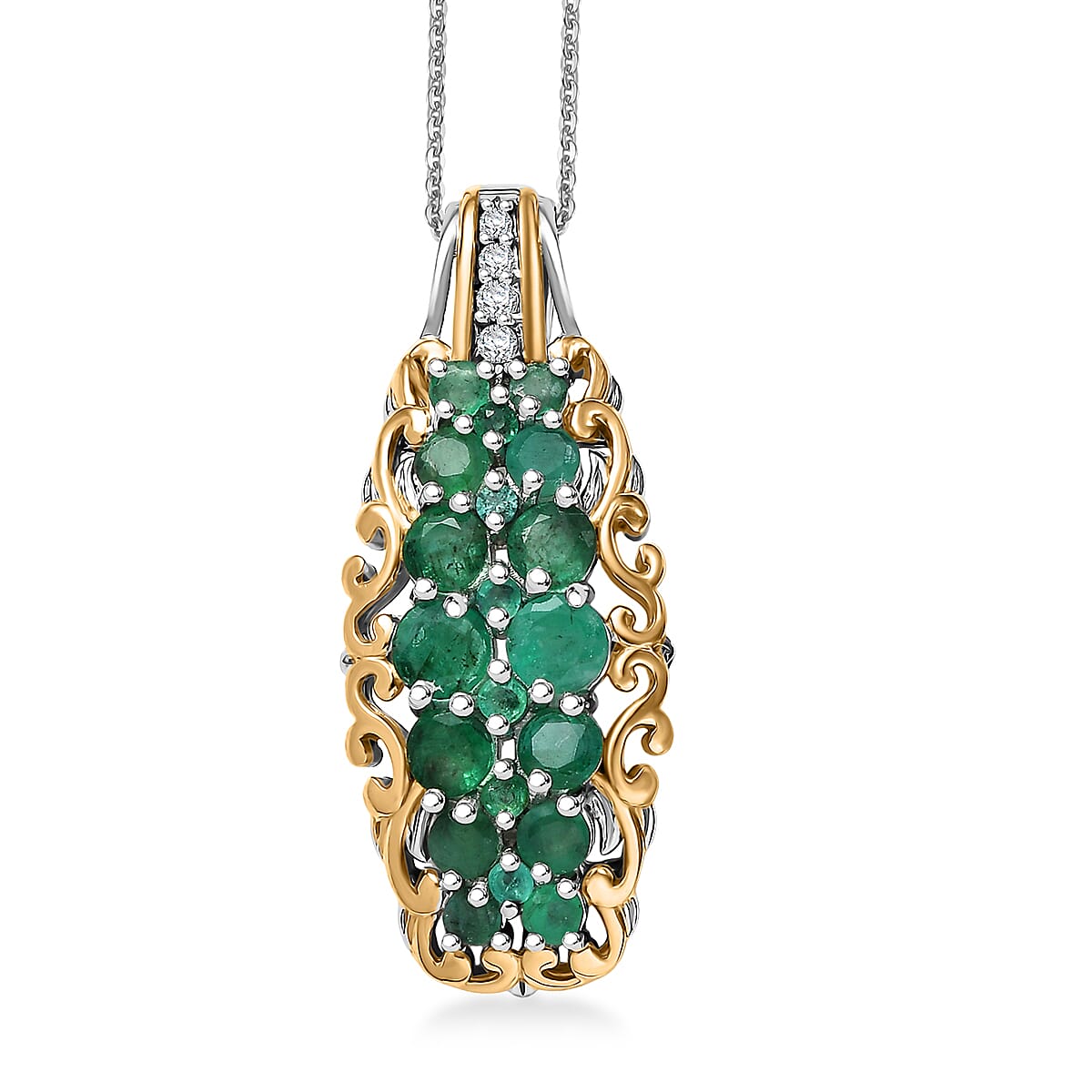 D'Joy Kagem Zambian Emerald, White Zircon Pendant Necklace (20 Inches) in 18K Vermeil YG and Rhodium Over Sterling Silver 1.90 ctw