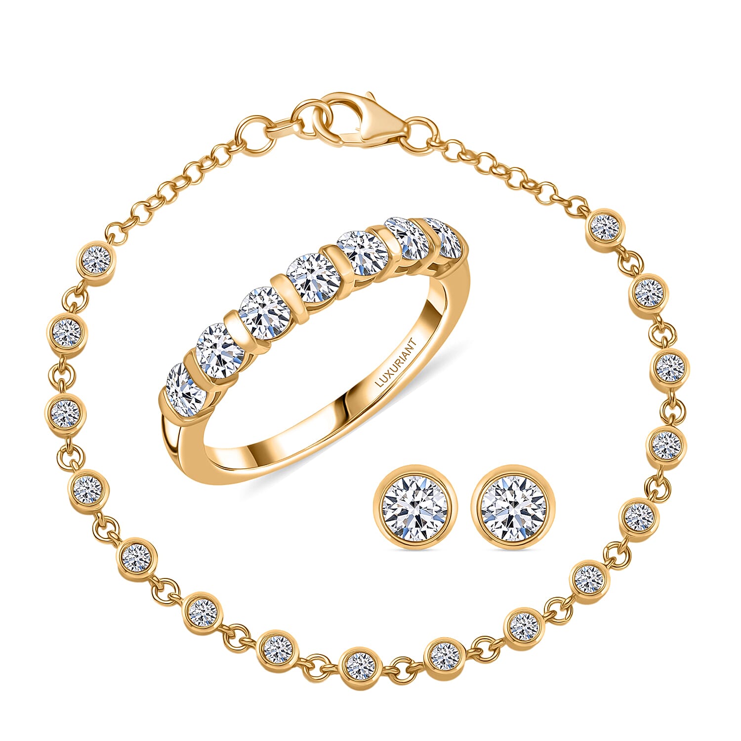Luxuriant Lab Grown Diamond (SI-I1) Ring (Size 7.0) and Stud Earrings and Linking Bracelet (7.25In) in 18K Vermeil YG Over Sterling Silver 2.80 ctw