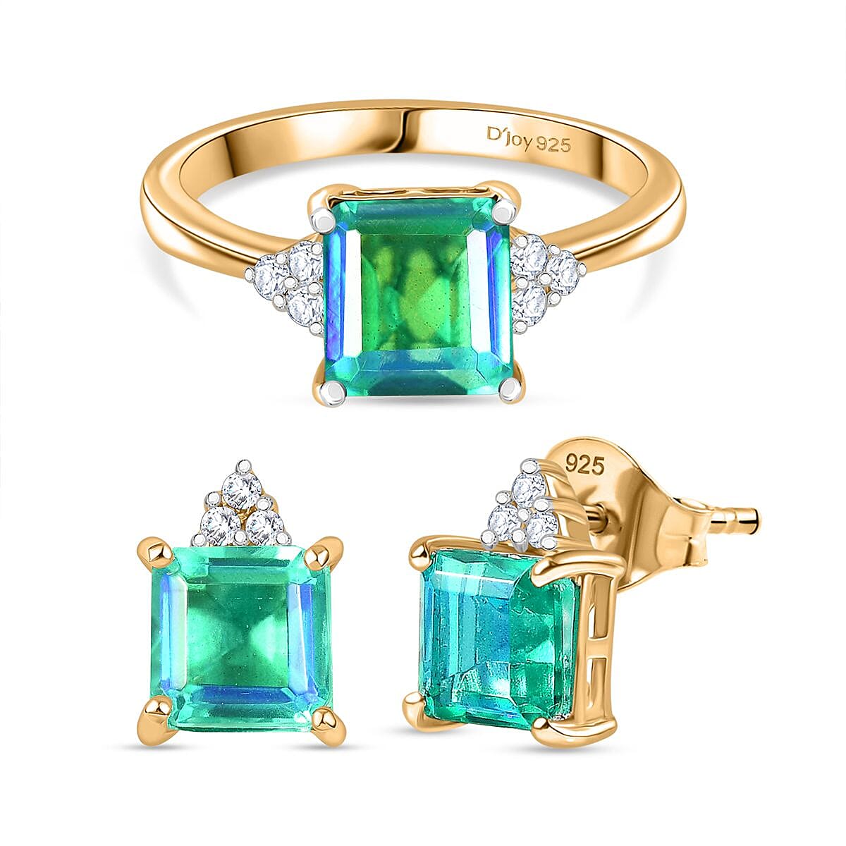 D'Joy Peacock Quartz and White Zircon 6.15 ctw Ring (Size 5.50) and Earrings in 18K Vermeil Yellow Gold Over Sterling Silver