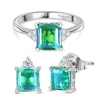 Peacock Triplet Quartz and White Zircon Ring (10.0) and 6.14 ctw Earrings in Platinum Over Sterling Silver