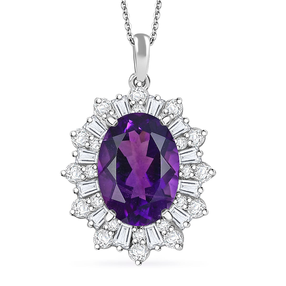 D'Joy Lusaka Amethyst and Moissanite 7.50 ctw Crown Solstice Pendant Necklace 20 Inches in Rhodium Over Sterling Silver
