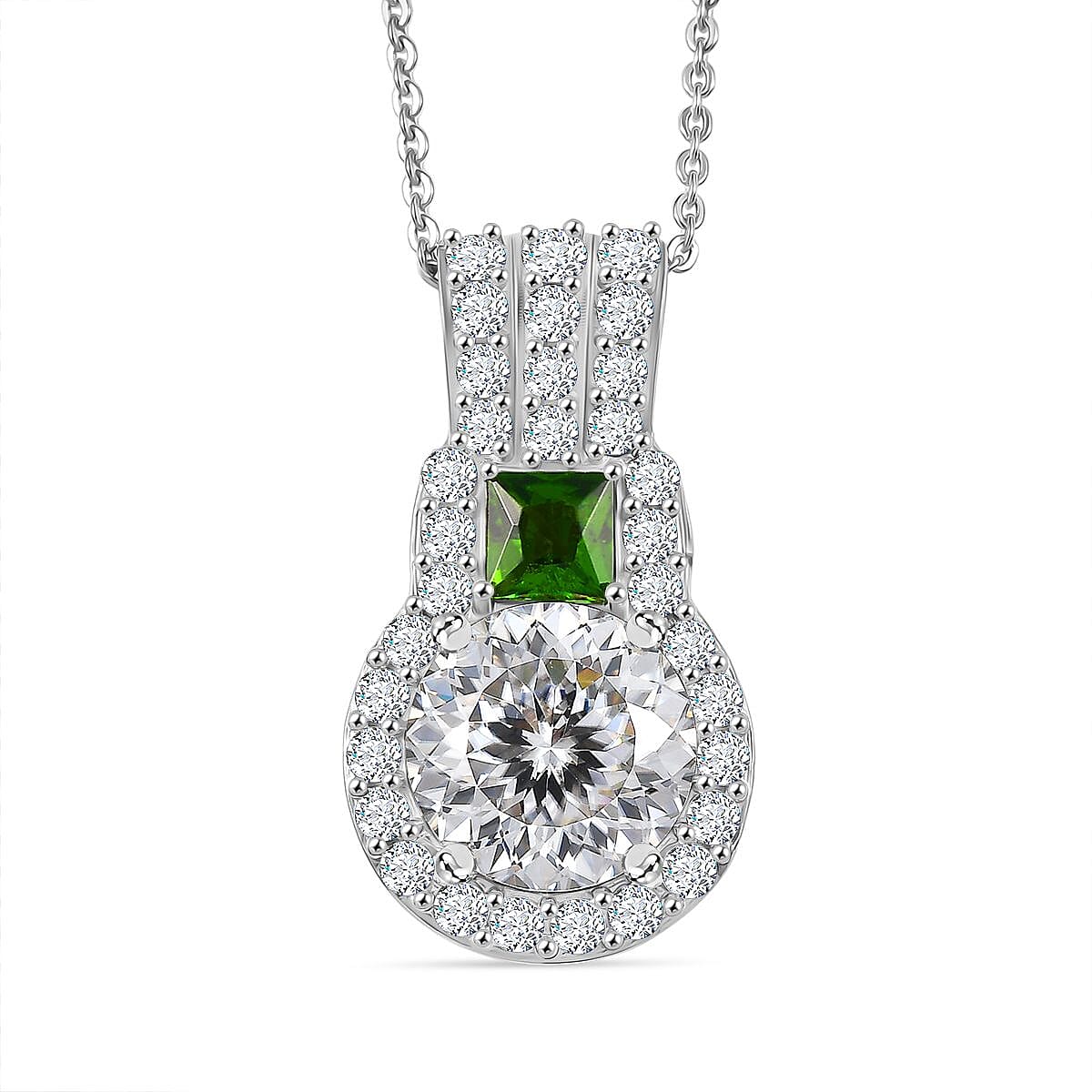 D'Joy 120 Facet Moissanite and Chrome Diopside 3.60 ctw Pendant Necklace in Rhodium Over Sterling Silver 20 Inches