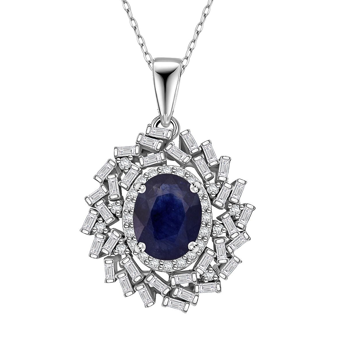D'Joy Masoala Sapphire (D), Moissanite Pendant Necklace (20 Inches) in Rhodium Over Sterling Silver 3.65 ctw