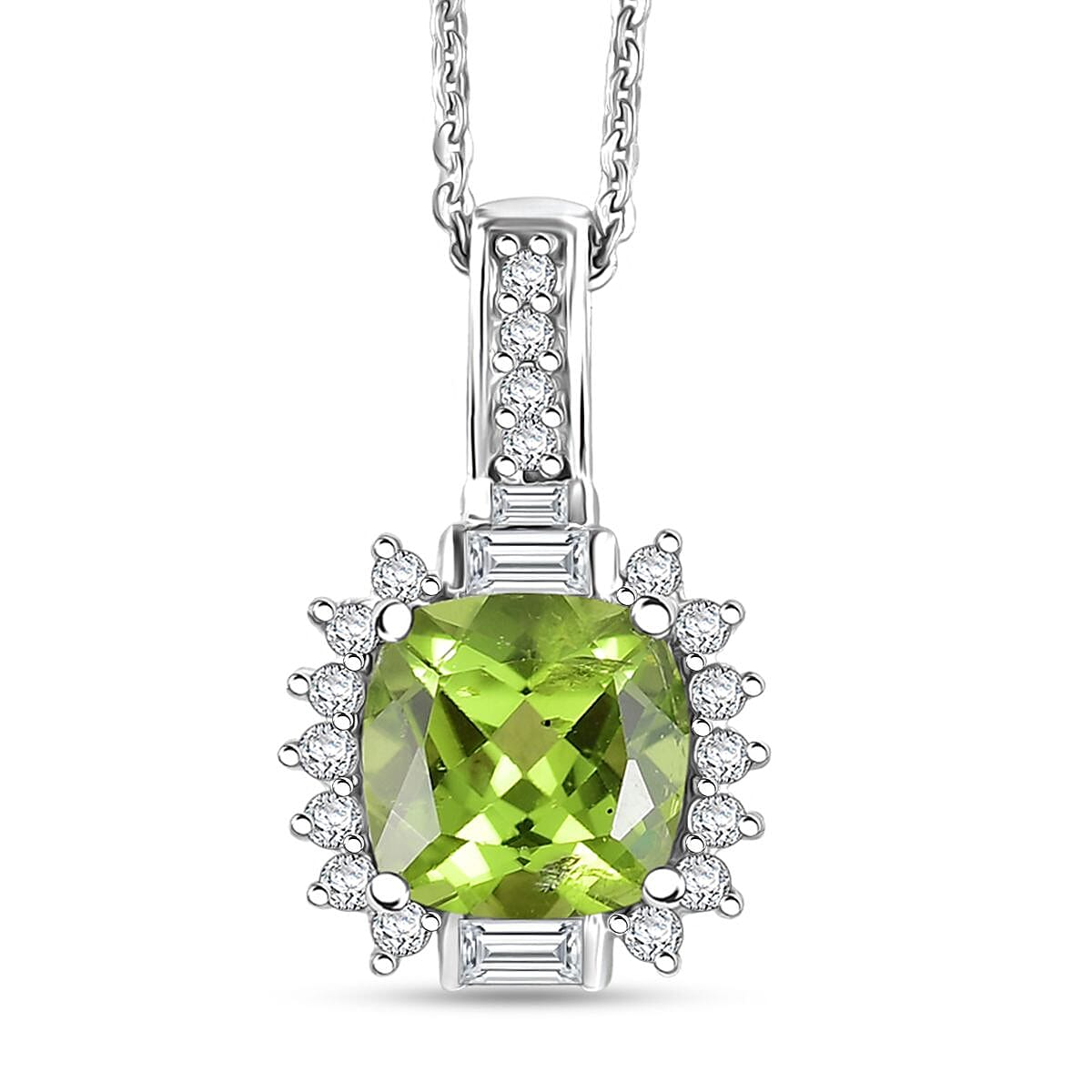 D'Joy Hebei Peridot and Moissanite 2.60 ctw Verdant Crown Pendant Necklace in Rhodium Over Sterling Silver 20 Inches