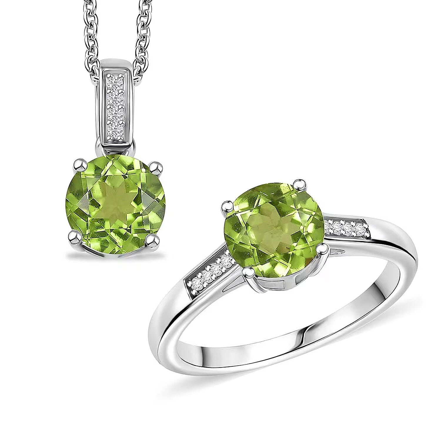 D'Joy Peridot, Moissanite Ring (Size 5.0) and Pendant in Rhodium Over Sterling Silver with Stainless Steel Necklace (20 Inches) 3.15 ctw