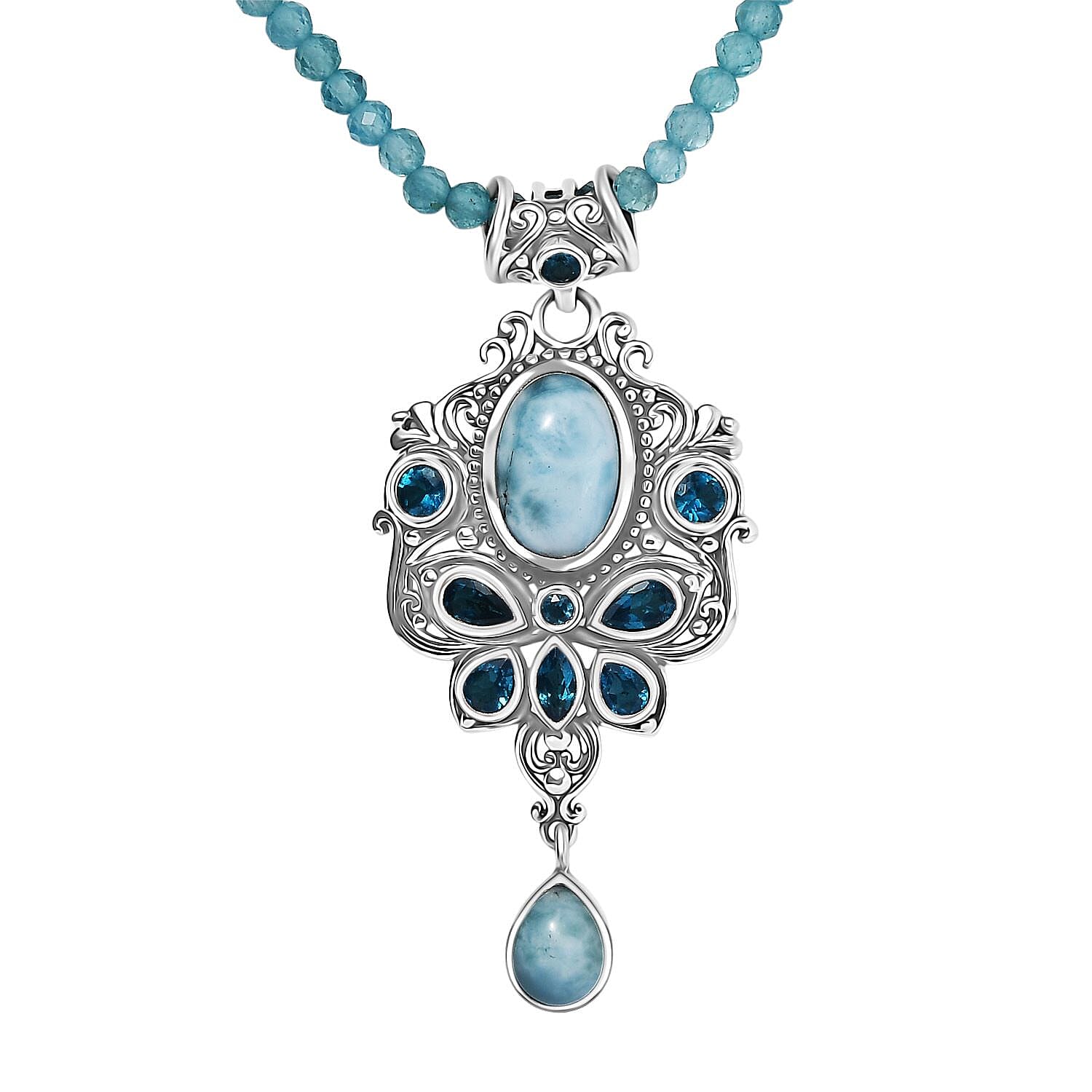 D'Joy Artisan Crafted Larimar and Neon Apatite 31.40 ctw Ocean’s Grace Pendant with Apatite Beaded Necklace in Sterling Silver 20 Inches