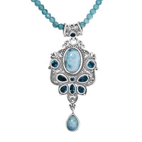 D'Joy Artisan Crafted Larimar and Neon Apatite 31.40 ctw Ocean’s Grace Pendant with Apatite Beaded Necklace in Sterling Silver 20 Inches