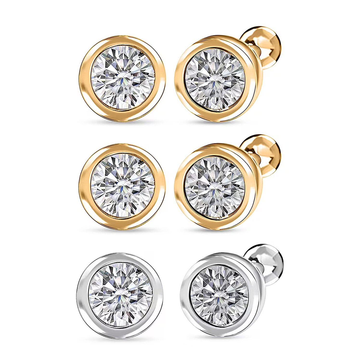Set of 3 - Poke Free Luxuriant Lab Grown Diamond G-H SI Solitaire Stud Earrings in 18K Vermeil Yellow Gold and Rhodium Over Sterling Silver 1.50 ctw (Del. In 10-12 Days)