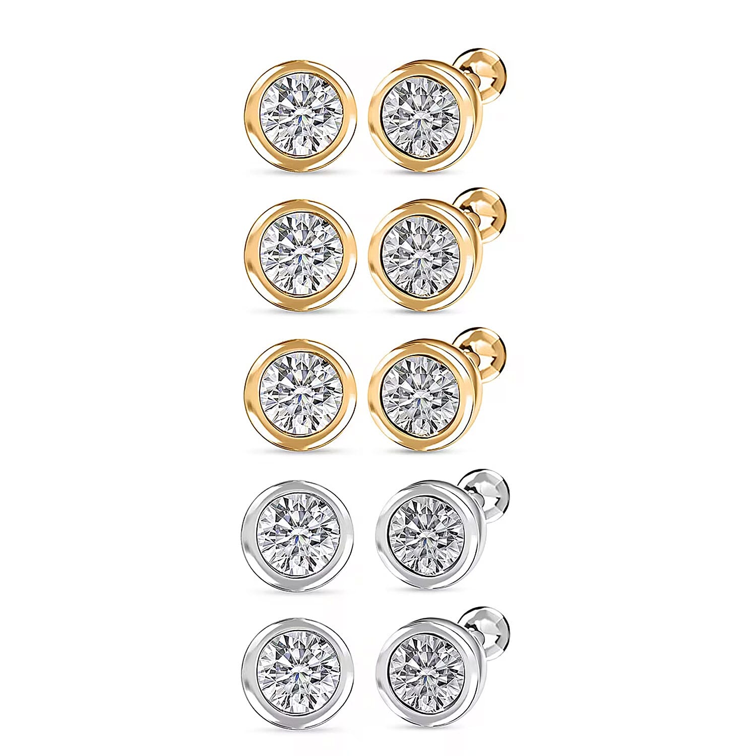 Set of 5 - Poke Free Luxuriant Lab Grown Diamond G-H SI Solitaire Stud Earrings in 18K Vermeil Yellow Gold and Rhodium Over Sterling Silver 2.50 ctw (Del. In 10-12 Days)