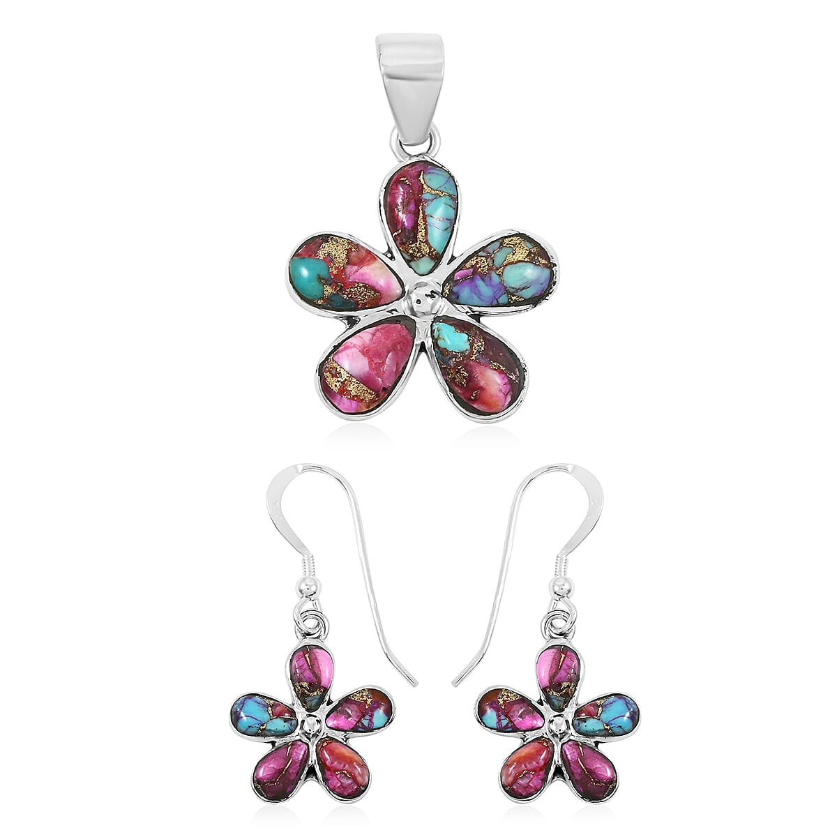 Santa Fe Style Multi Gemstone 5.75 ctw Pendant and Earrings in Sterling SilverSanta Fe Style Multi Gemstone 5.75 ctw Pendant and Earrings in Sterling Silver