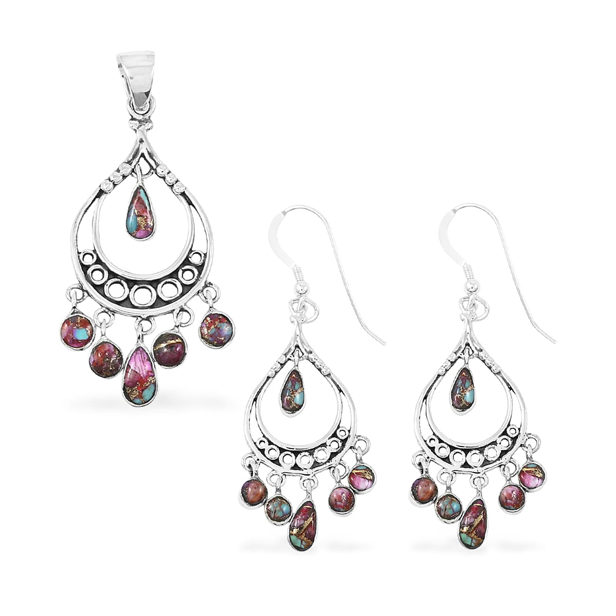 Santa Fe Style Multi Gemstone 18.00 ctw Pendant and Earrings in Sterling Silver