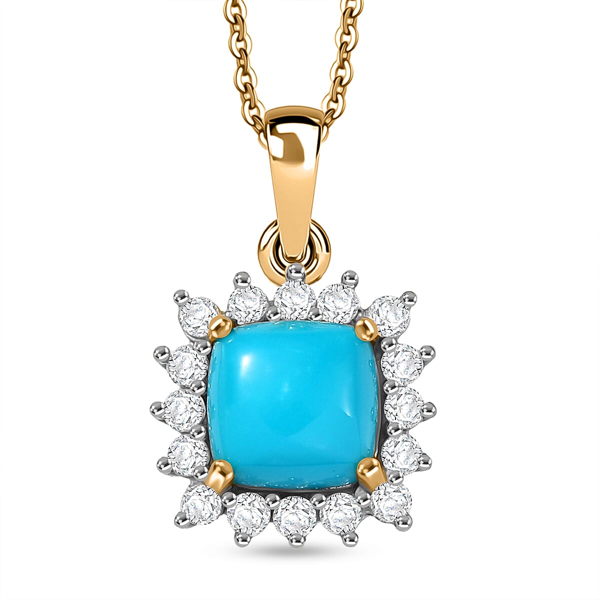 D'Joy Premium Sleeping Beauty Turquoise and White Zircon 3.50 ctw Pendant Necklace in 18K Vermeil Yellow Gold Over Sterling Silver 20 Inches