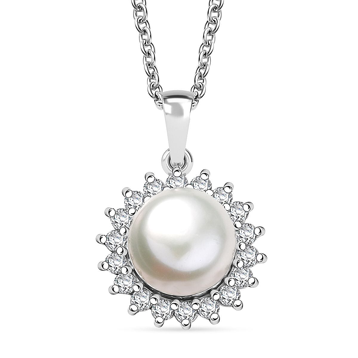 D'Joy Freshwater Pearl and White Zircon 0.65 ctw Sunburst Pendant Necklace in Rhodium Over Sterling Silver 20 Inches
