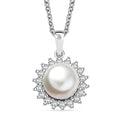 D'Joy Freshwater Pearl and White Zircon 0.65 ctw Sunburst Pendant Necklace in Rhodium Over Sterling Silver 20 Inches - Sticky add to cart bar