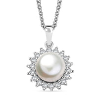 D'Joy Freshwater Pearl and White Zircon 0.65 ctw Sunburst Pendant Necklace in Rhodium Over Sterling Silver 20 Inches