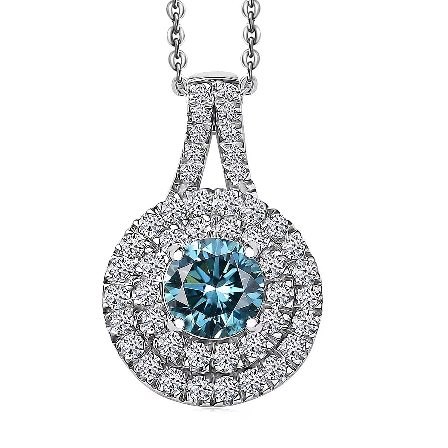 SGL Certified Luxuriant Lab Grown Blue Diamond (IR) and White Diamond VS 1.50 ctw Ocean Halo Pendant Necklace in Rhodium Over Sterling Silver 20 Inches