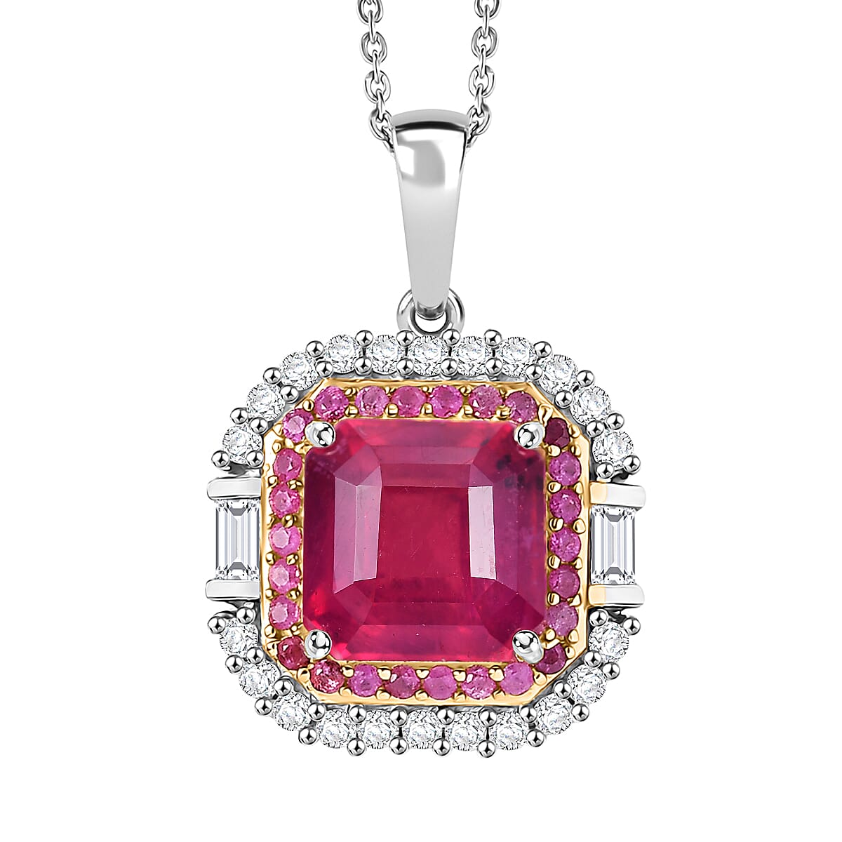 D'Joy Premium Niassa Ruby (FF) and Multi Gemstone 6.20 ctw Pendant Necklace in Rhodium Over Sterling Silver 20 Inches