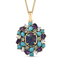 D'Joy Elysian Opal (Triplet) and Multi Gemstone 4.50 ctw Cosmic Bloom Pendant Necklace in 18K Vermeil Yellow Gold Over Sterling Silver 20 Inches