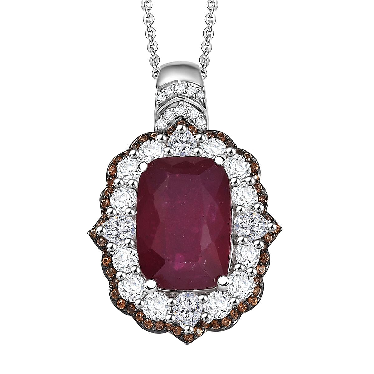 D'Joy Niassa Ruby (FF) and Multi Gemstone 14.90 ctw Art Deco Pendant Necklace 20 Inches in Rhodium Over Sterling Silver