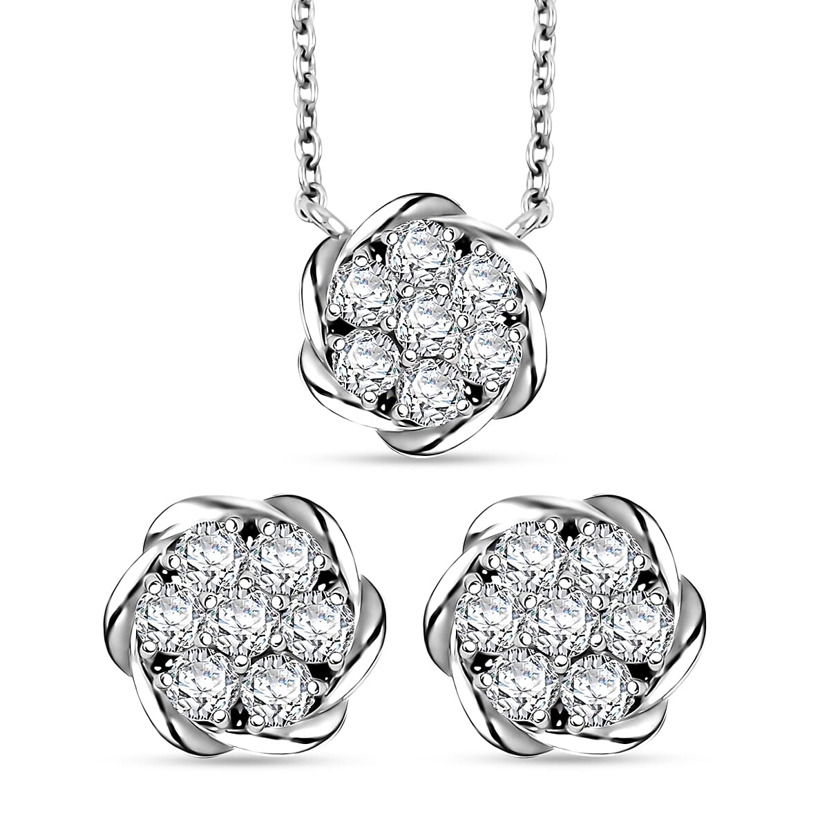 Luxuriant Lab Grown Diamond G SI 1.15 ctw Floral Necklace 18-20 Inches and Stud Earrings in Sterling Silver
