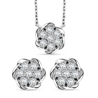 Luxuriant Lab Grown Diamond G SI 1.15 ctw Floral Necklace 18-20 Inches and Stud Earrings in Sterling Silver
