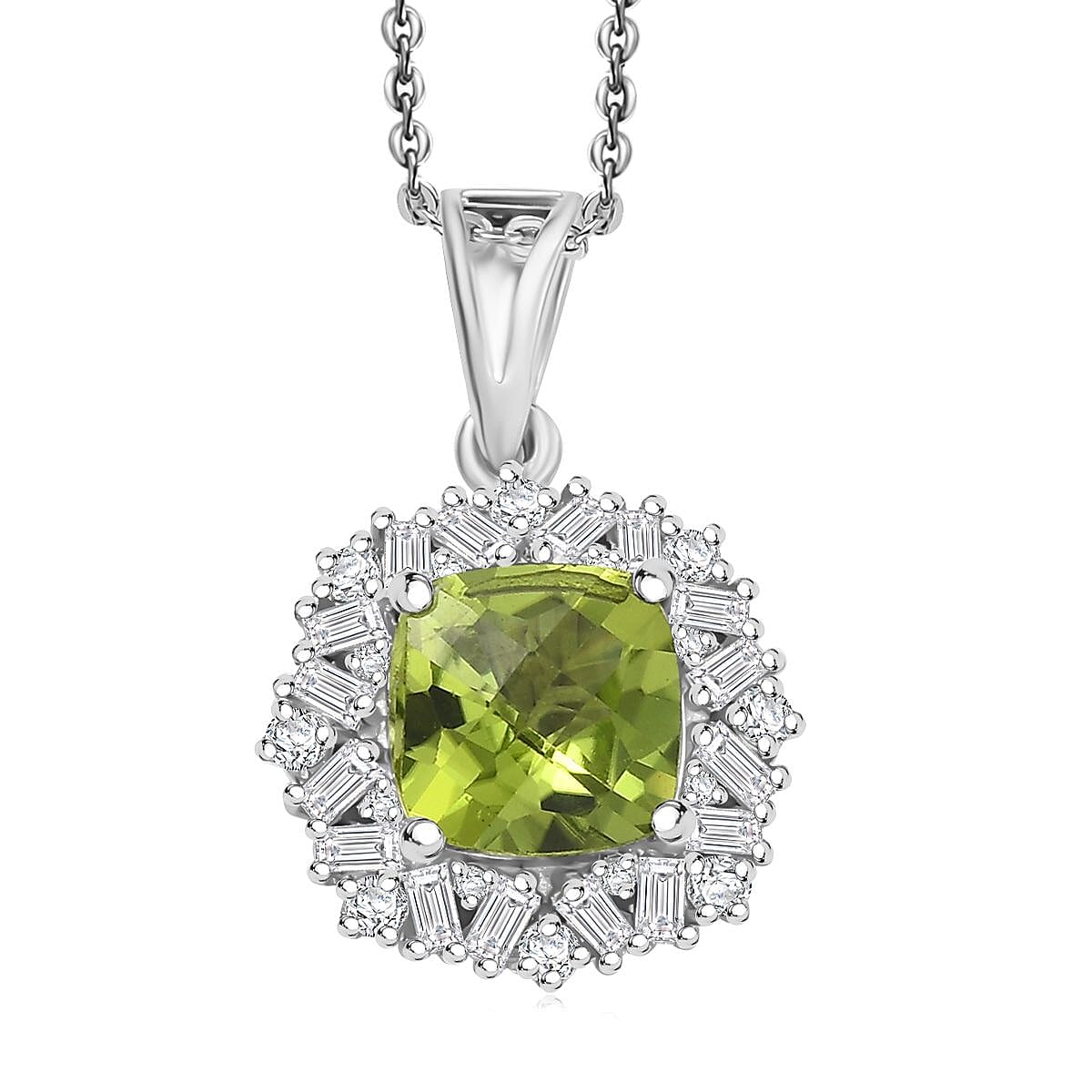 D'Joy Hebei Peridot and Moissanite 1.90 ctw Lime Blossom Pendant Necklace in Rhodium Over Sterling Silver 20 Inches