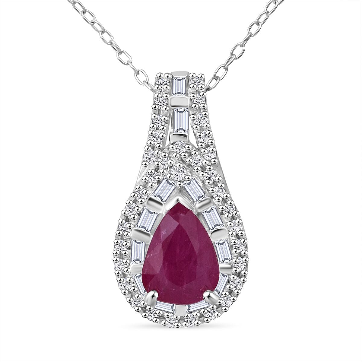 D'Joy Premium Montepuez Ruby and Moissanite 2.30 ctw Fleur de Flame Pendant Necklace in Rhodium Over Sterling Silver 20 Inches