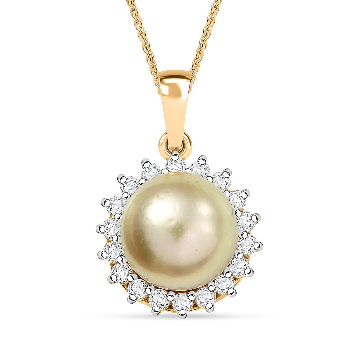 D'Joy South Sea Golden Pearl and Moissanite 0.55 ctw Sunburst Pendant Necklace in 18K Vermeil Yellow Gold Over Sterling Silver 20 Inches