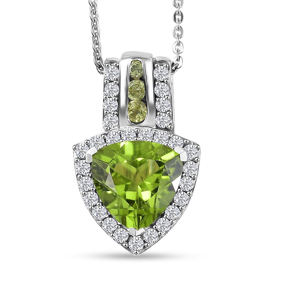 D'Joy Hebei Peridot and White Zircon 3.40 ctw Green Crest Pendant Necklace in Rhodium Over Sterling Silver 20 Inches