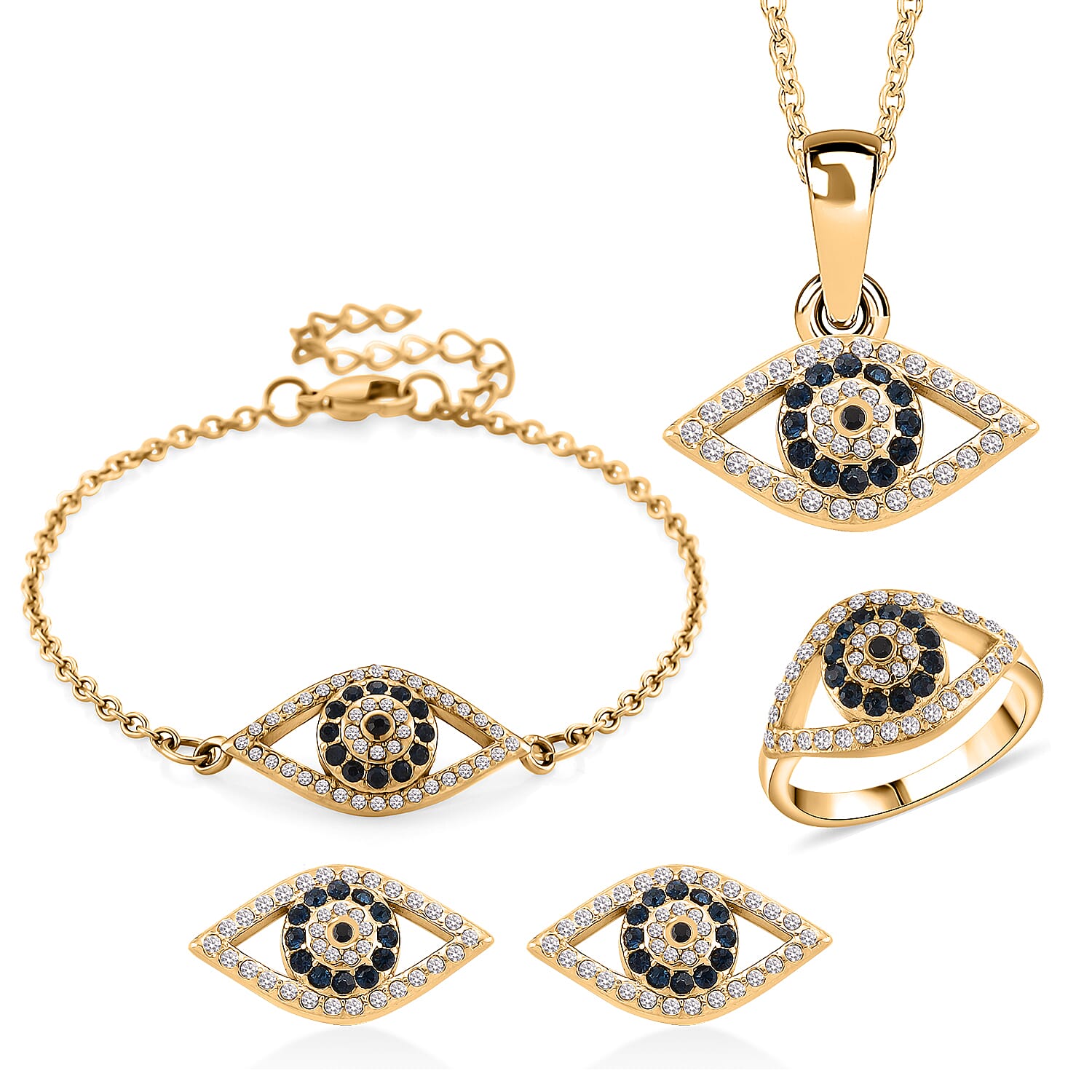 Multi Color Austrian Crystal Evil Eye Earrings, Ring (Size 6.0), Bracelet (7.5-9.5In) and Pendant Necklace (20-22Inches) in ION Plated YG Stainless Steel