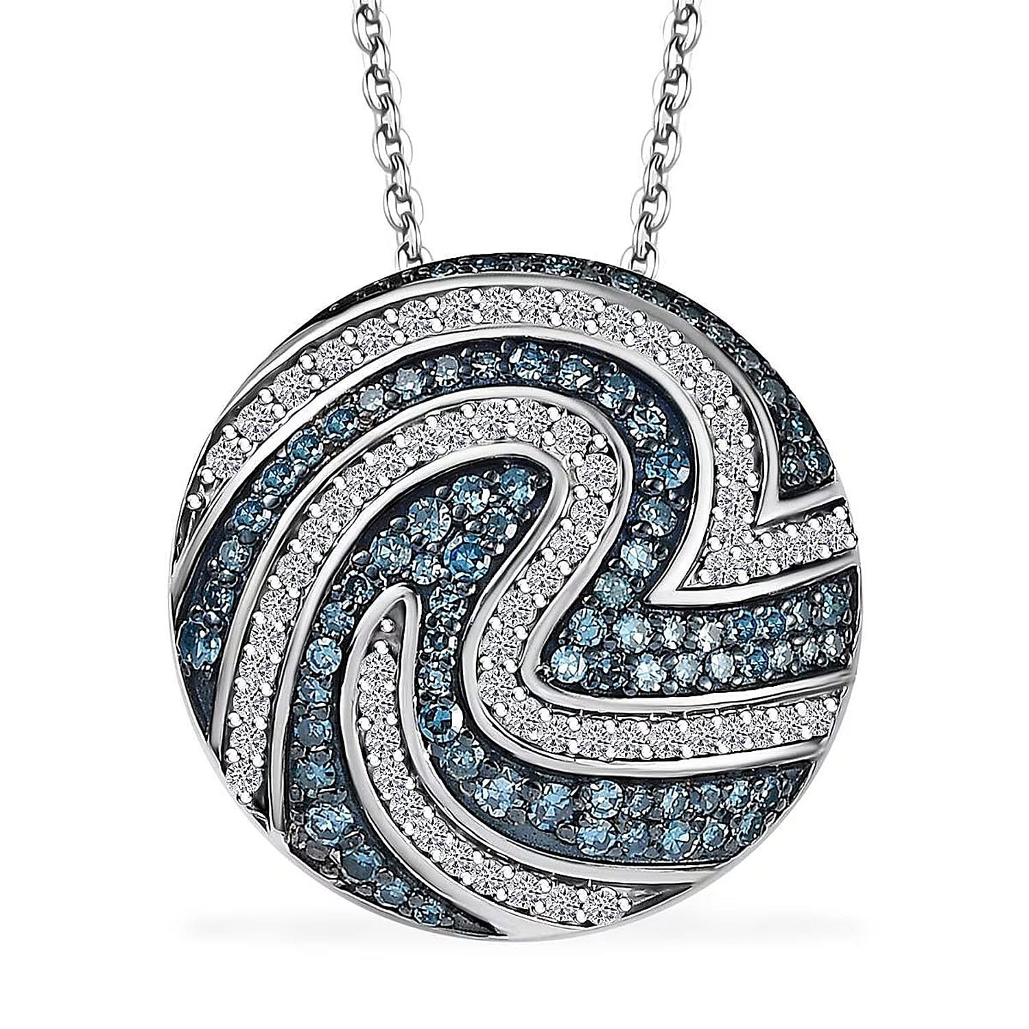 Luxuriant Lab Grown Blue Diamond (IR) SI and Lab Grown Diamond SI 1.00 ctw Sea Wave Pendant Necklace in Rhodium Over Sterling Silver 20 Inches
