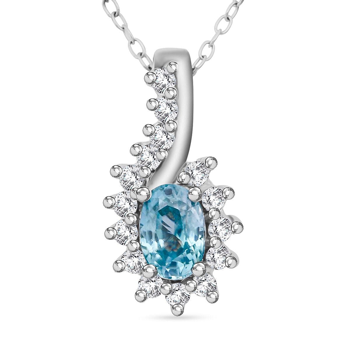 D'Joy Premium Cambodian Blue Zircon and White Zircon 1.15 ctw Ocean Flame Pendant Necklace in Rhodium Over Sterling Silver 20 Inches