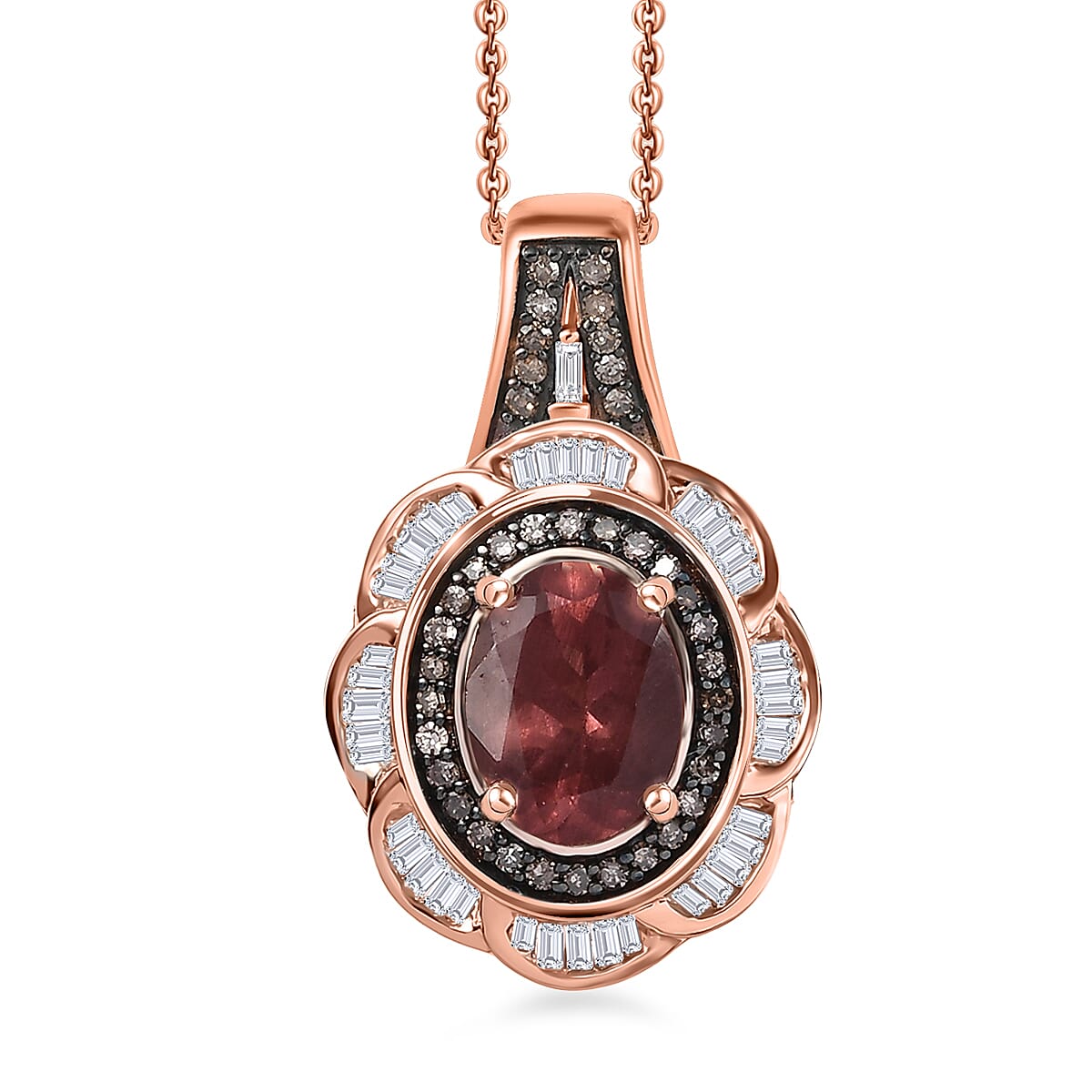 D'Joy Red Apatite, Natural White and Champagne Diamond 1.75 ctw Inferno Bloom Pendant Necklace 20 Inches in 18K Vermeil Rose Gold Over Sterling Silver