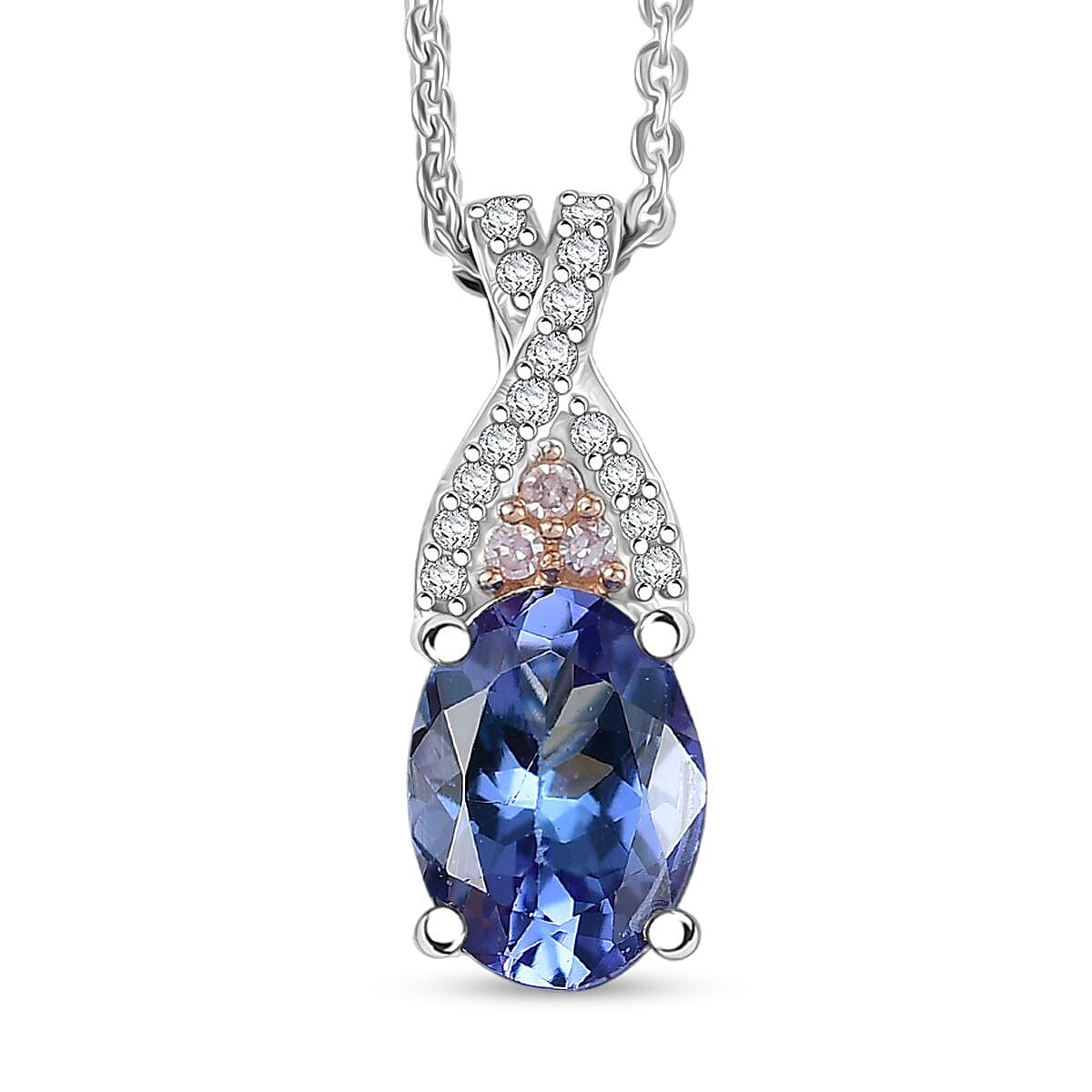 D'Joy Premium Tanzanite, Natural Pink and White Diamond 1.25 ctw Infinity Bliss Pendant Necklace 20 Inches in 18K Vermeil RG and Rhodium Over Sterling Silver