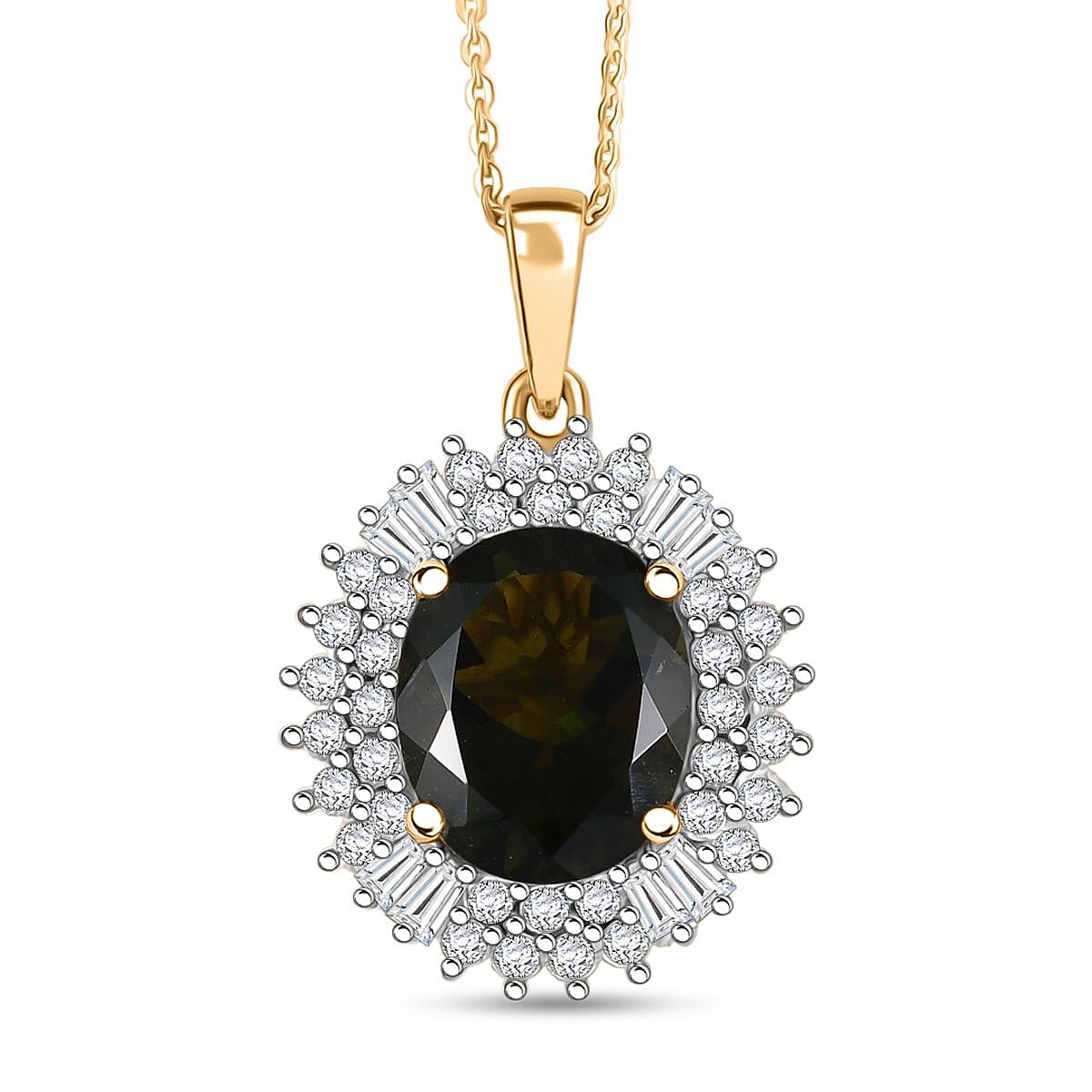 D'Joy Bohemian Moldavite and Moissanite 5.15 ctw Blooming Flower Pendant Necklace 20 Inches in 18K Vermeil Yellow Gold Over Sterling Silver