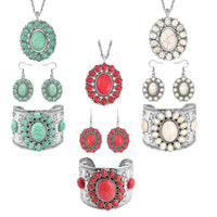 12 Piece Set - Constituted Multi Color Howlite Floral Cuff Bracelet (7.50-8.50 in), Earrings and Pendant Necklace (26-30 Inches) in Silvertone 555.00 ctw (Del. In 10-12 Days)
